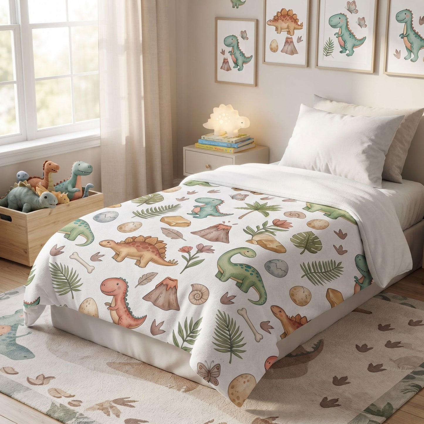 A toddler bed dressed in a white minky blanket featuring a colorful dinosaur and prehistoric print, styled in a bright children's bedroom with dinosaur wall art, a nightstand, and a wooden storage bin.