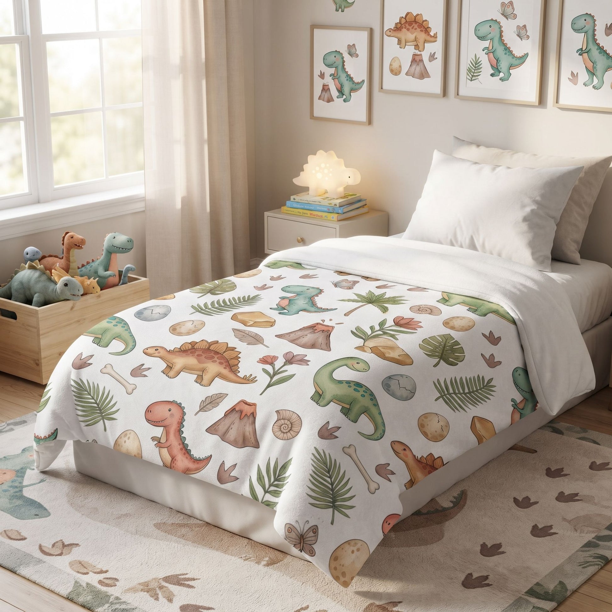 A toddler bed dressed in a white minky blanket featuring a colorful dinosaur and prehistoric print, styled in a bright children's bedroom with dinosaur wall art, a nightstand, and a wooden storage bin.