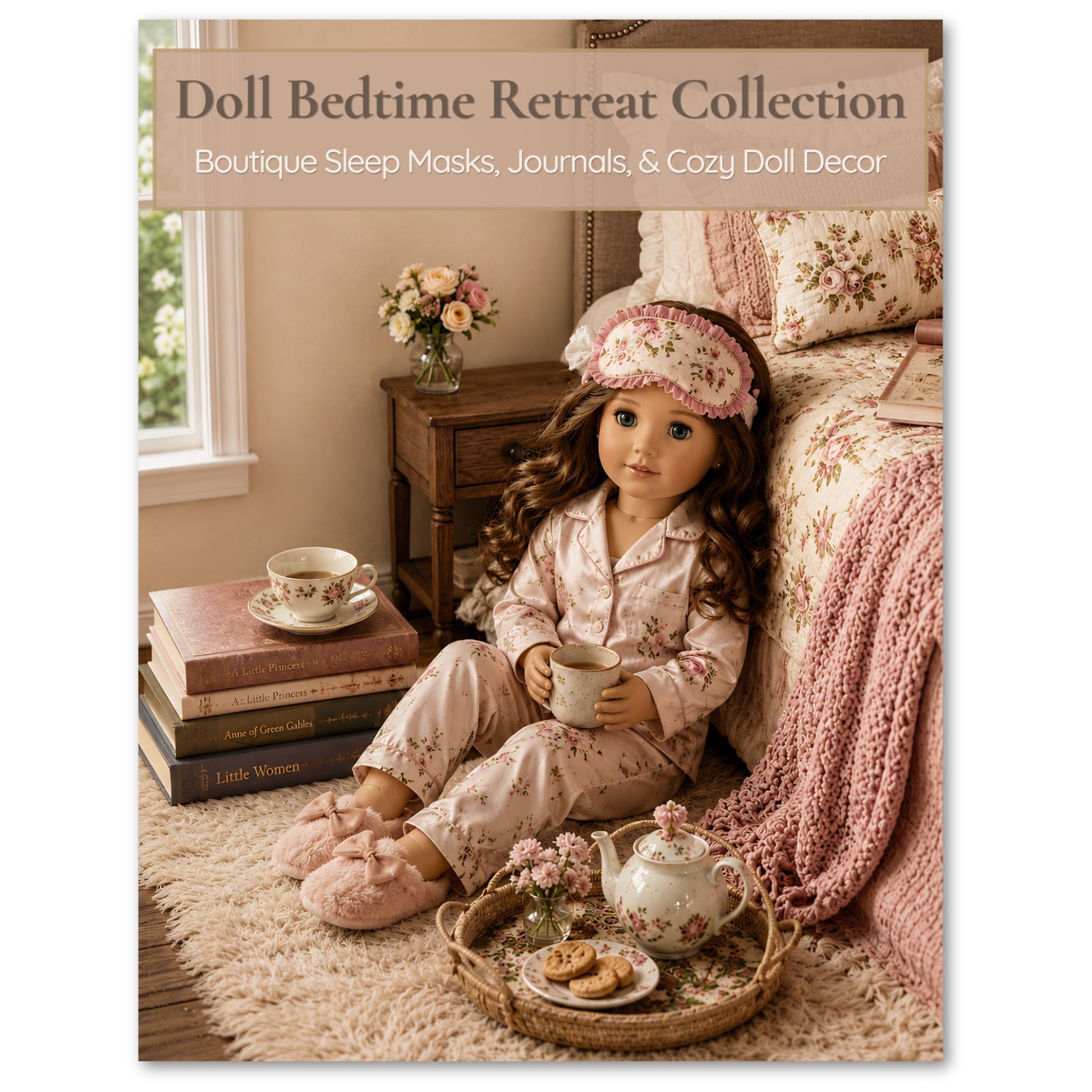 Doll in pajamas with a bedtime theme, surrounded by books and tea set, on a bed with floral bedding.