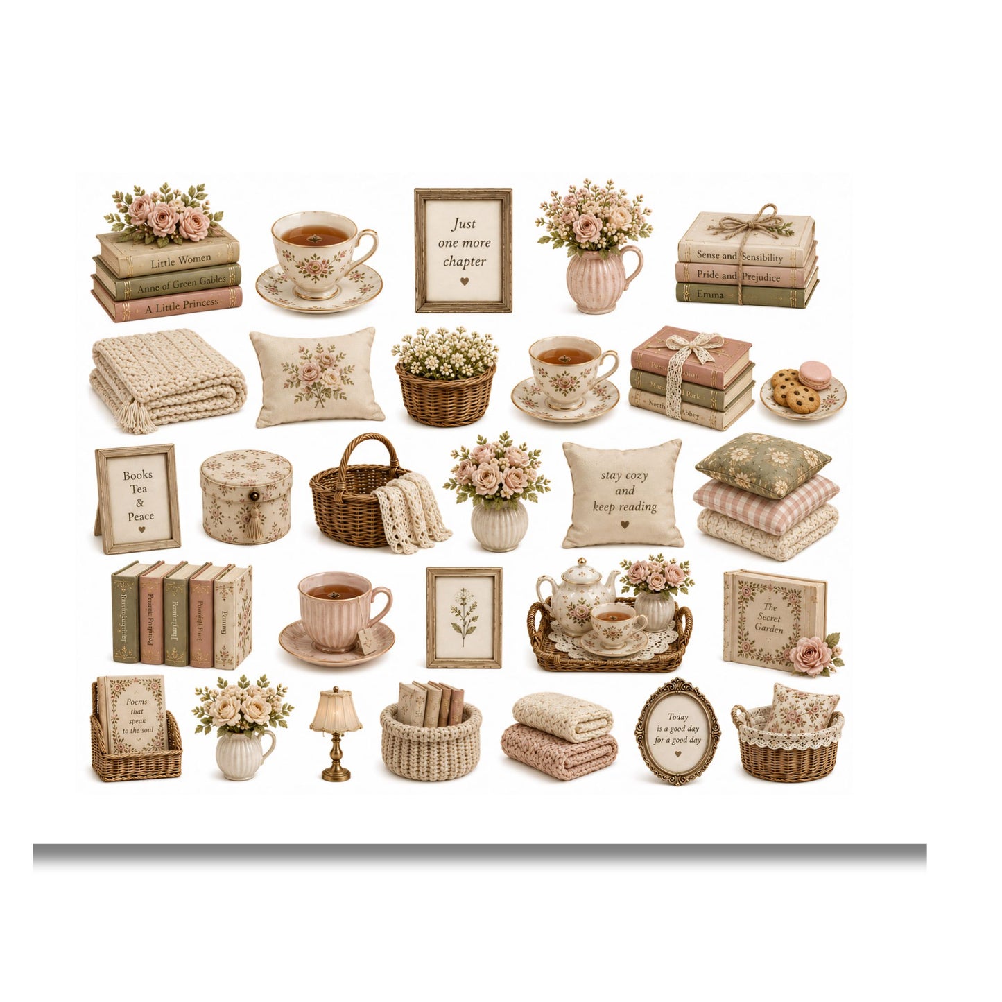 Collection of decorative items including books, teacups, flowers, and baskets on a white background.