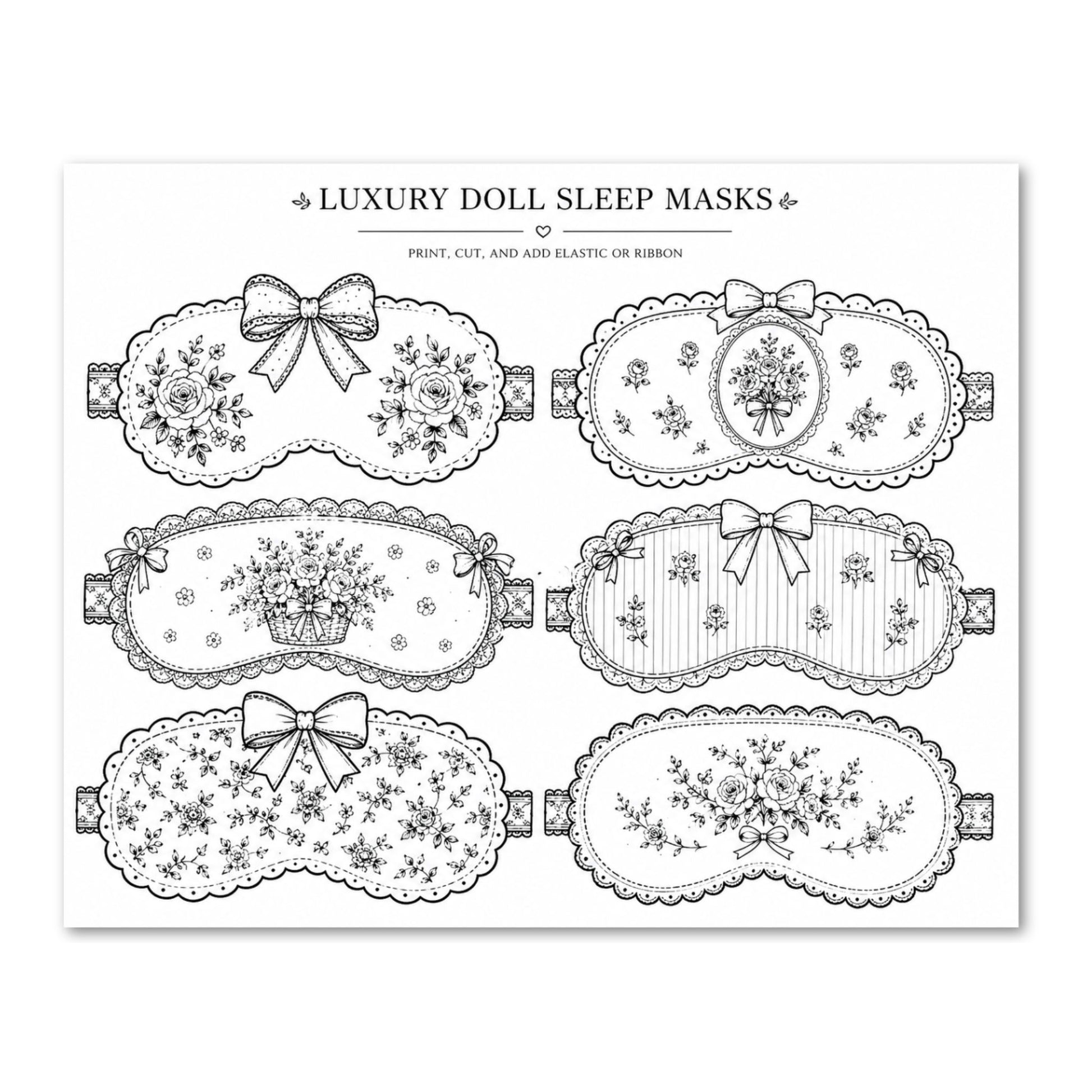 Set of six black and white doll sleep masks on a white background with text 'Luxury Doll Sleep Masks'.