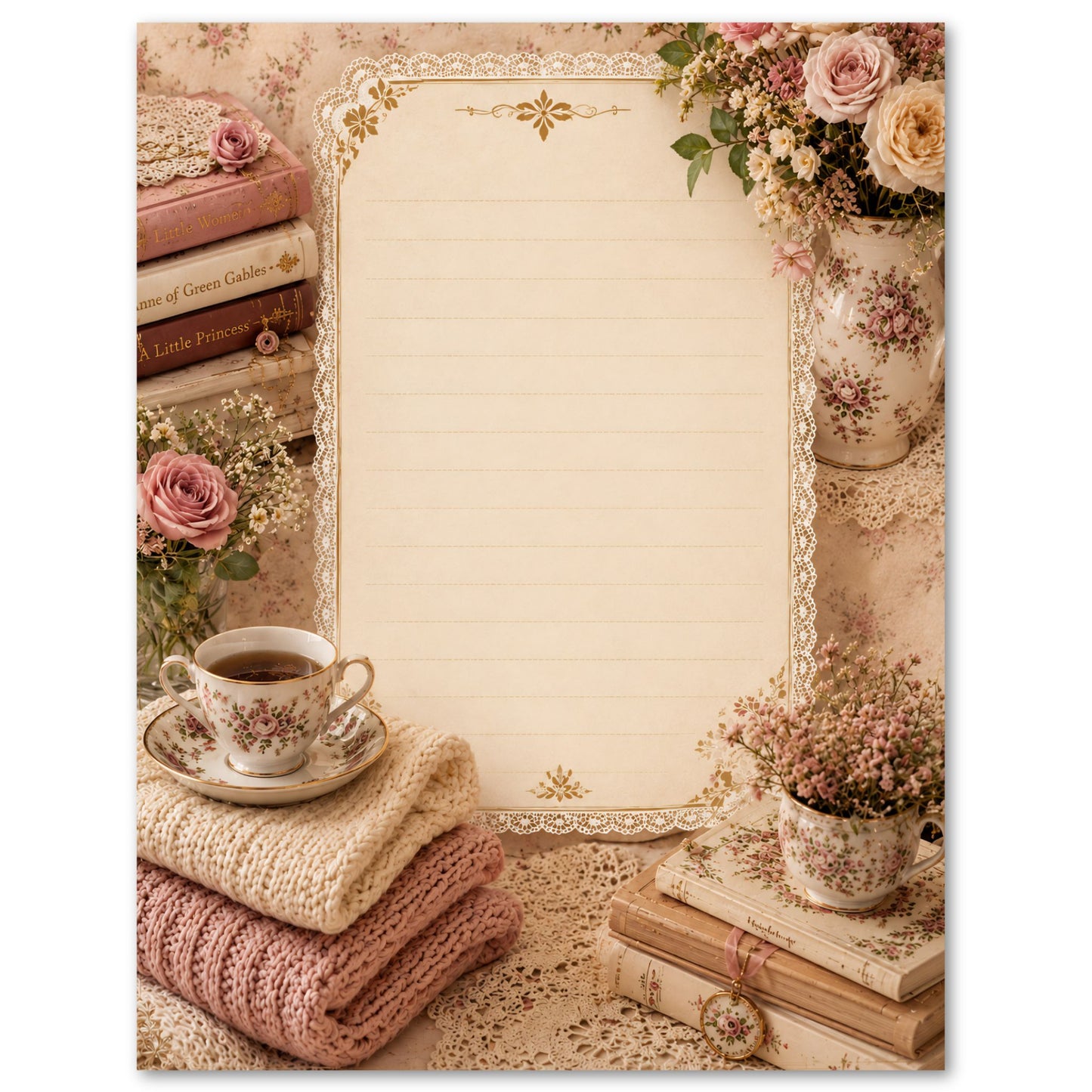 Vintage-style scene with a teacup, books, and flowers on a decorative background