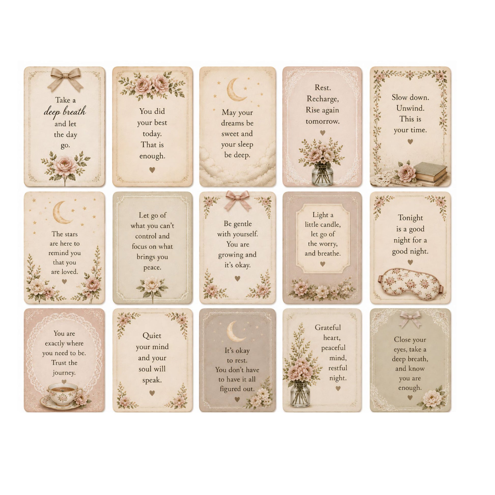 Set of 16 motivational cards with quotes and floral designs on a white background