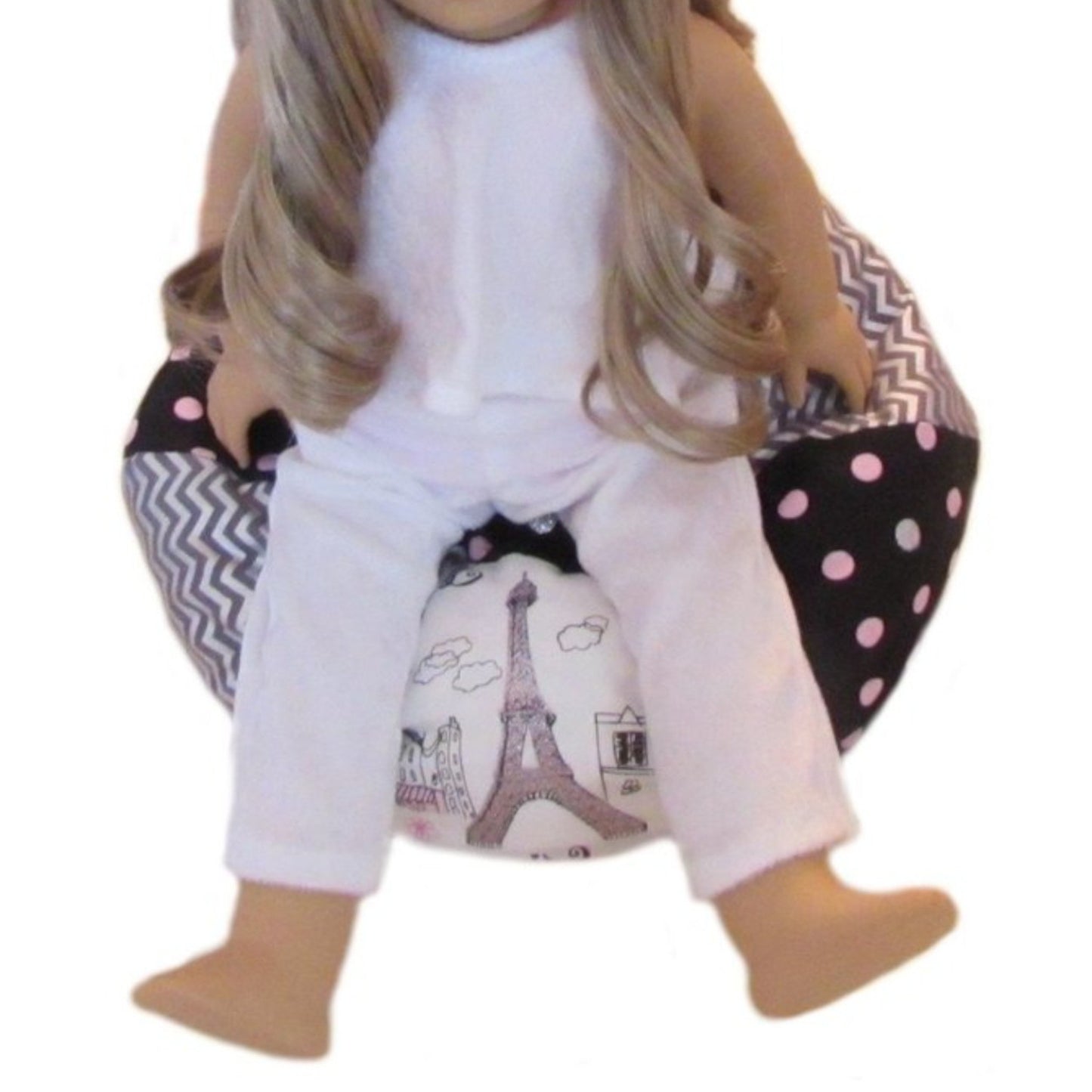 Dots Paris Gray Chevron Doll Bean Bag Chair for 18-inch dolls with doll 