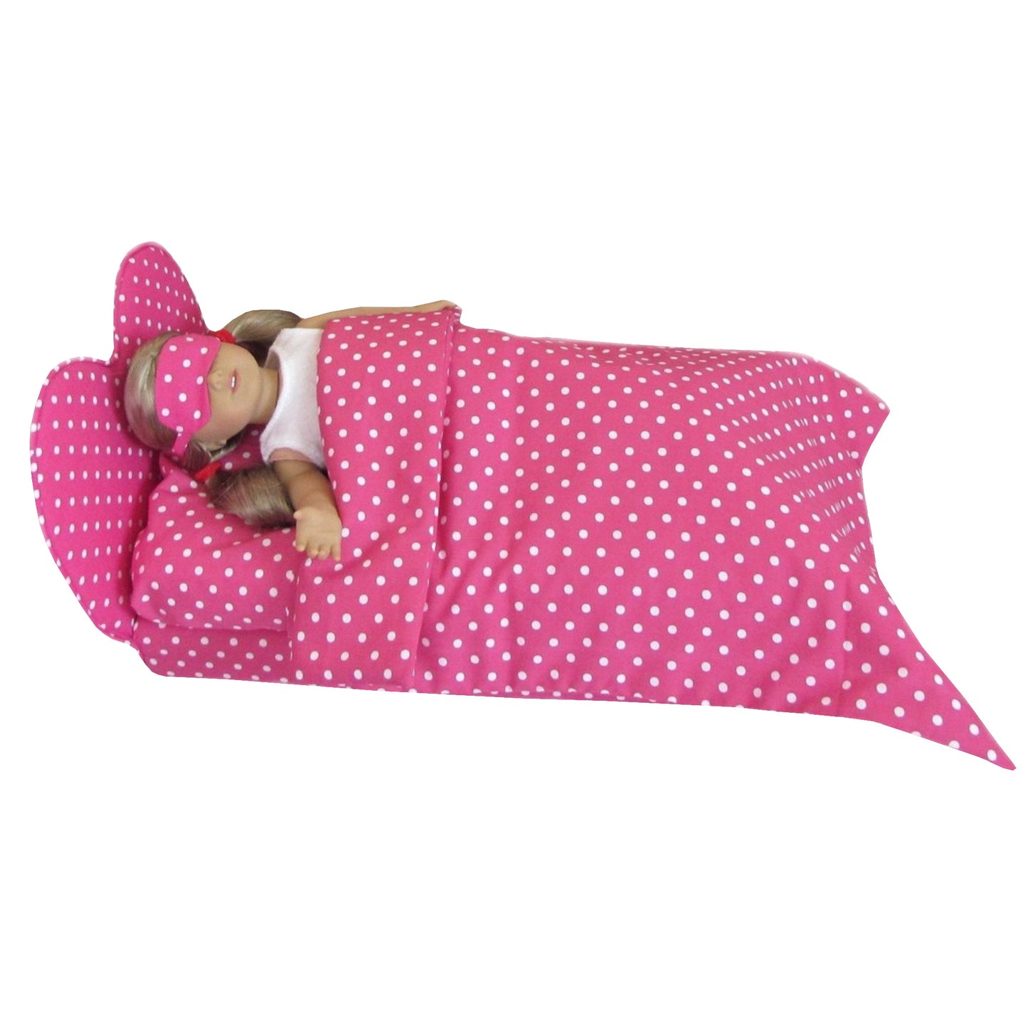 Dots Pink Heart Doll Bed, Doll, eye mask, and Doll Bedding for 18-inch dolls