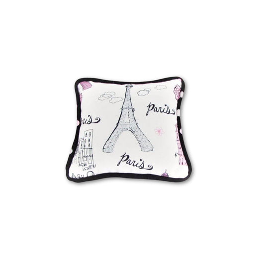 Decorative pillow with Eiffel Tower design on a white background