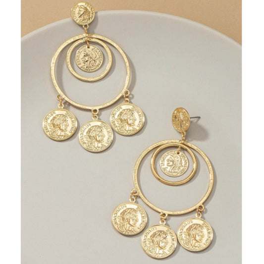 Double Hoop Drop Earrings with Dangling Coins on white background