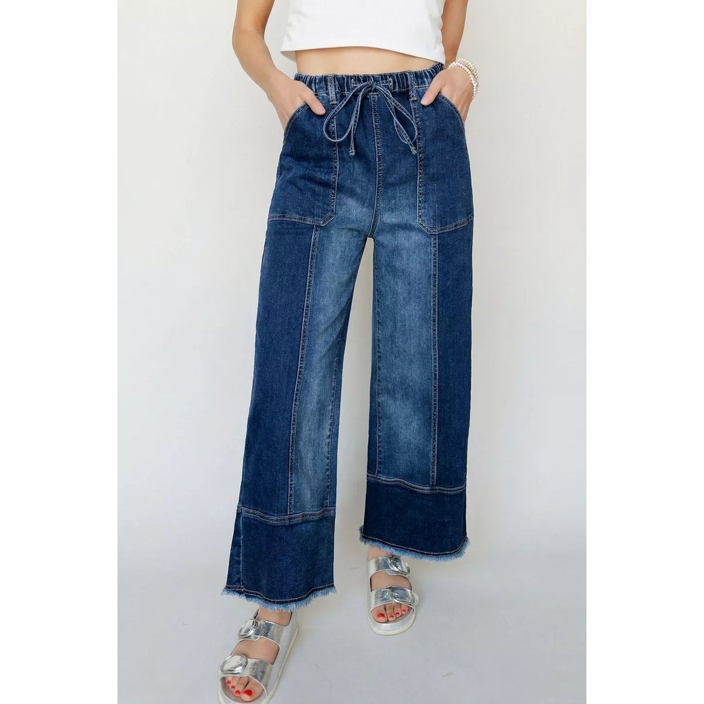 Drawstring Seam Detail Raw Hem Wide Leg Denim Pants