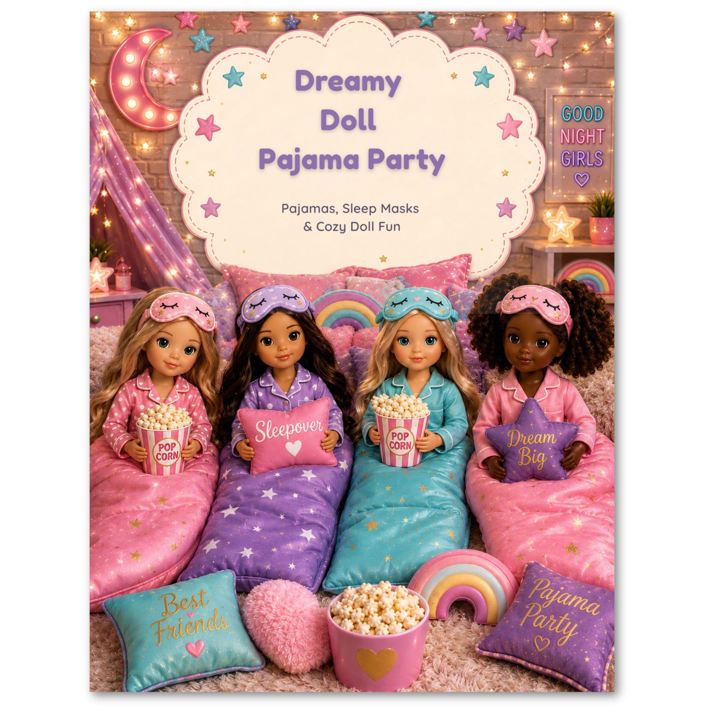 Cover for 'Dreamy Doll Pajama Party' with dolls in pajamas and sleep masks.