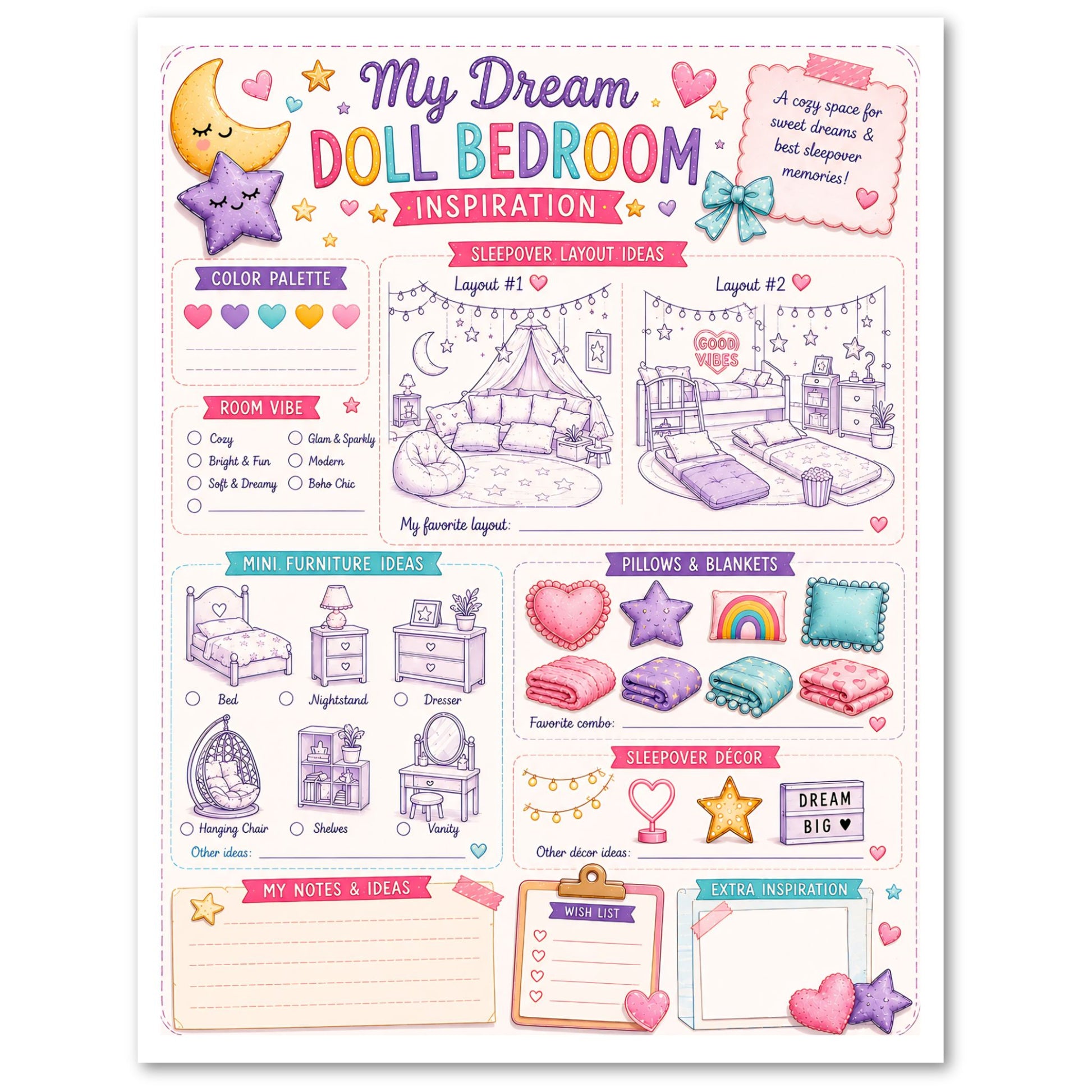 Colorful worksheet titled 'My Dream Doll Bedroom Inspiration' with various sections and illustrations.