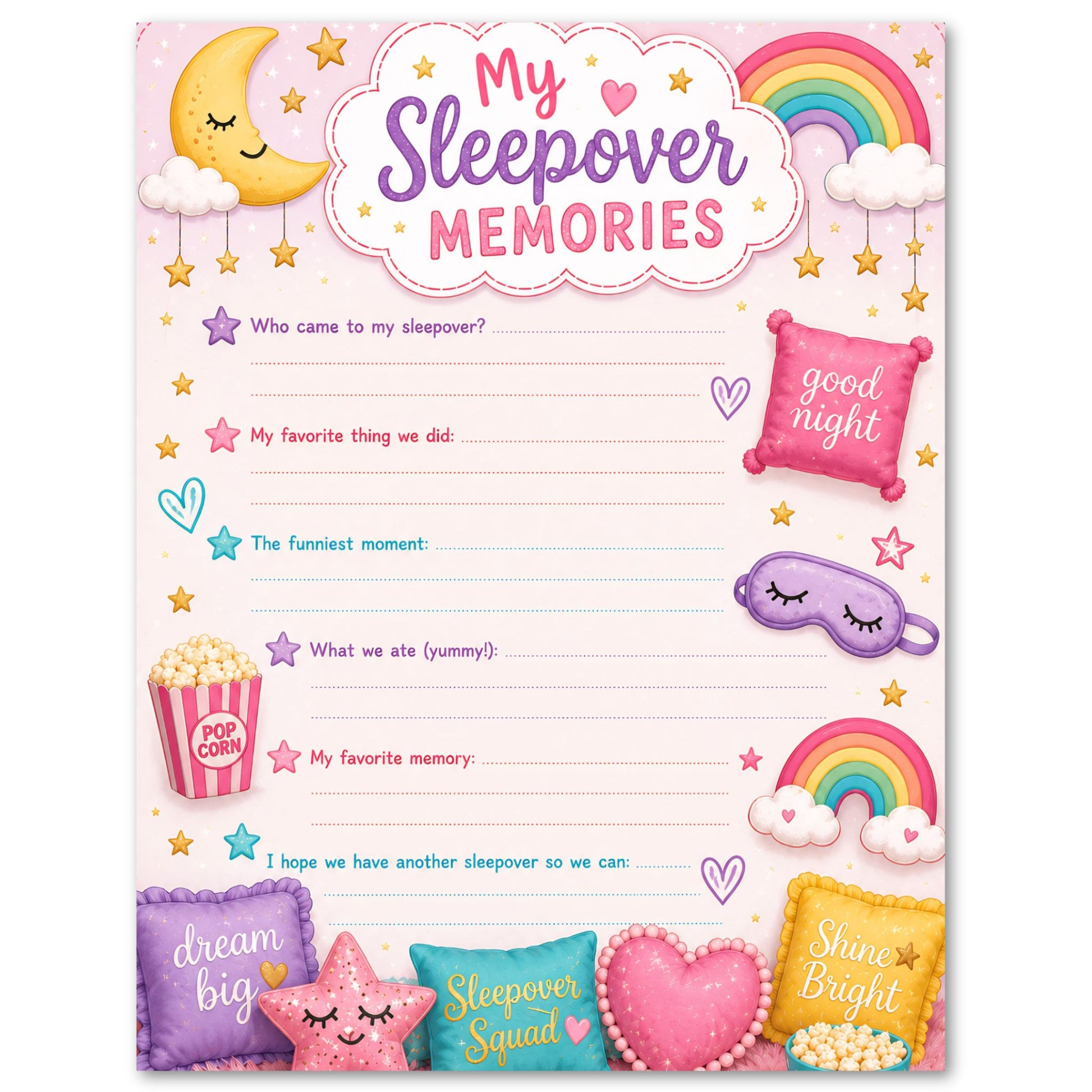 Sleepover memory sheet with colorful illustrations and text on a pink background