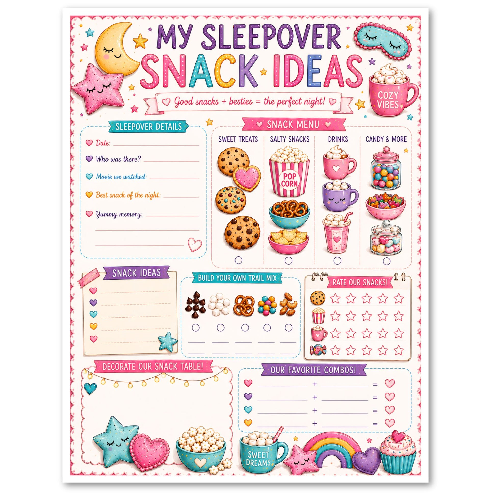 Sheet with 'My Sleepover Snack Ideas' and various snack-related activities and illustrations.