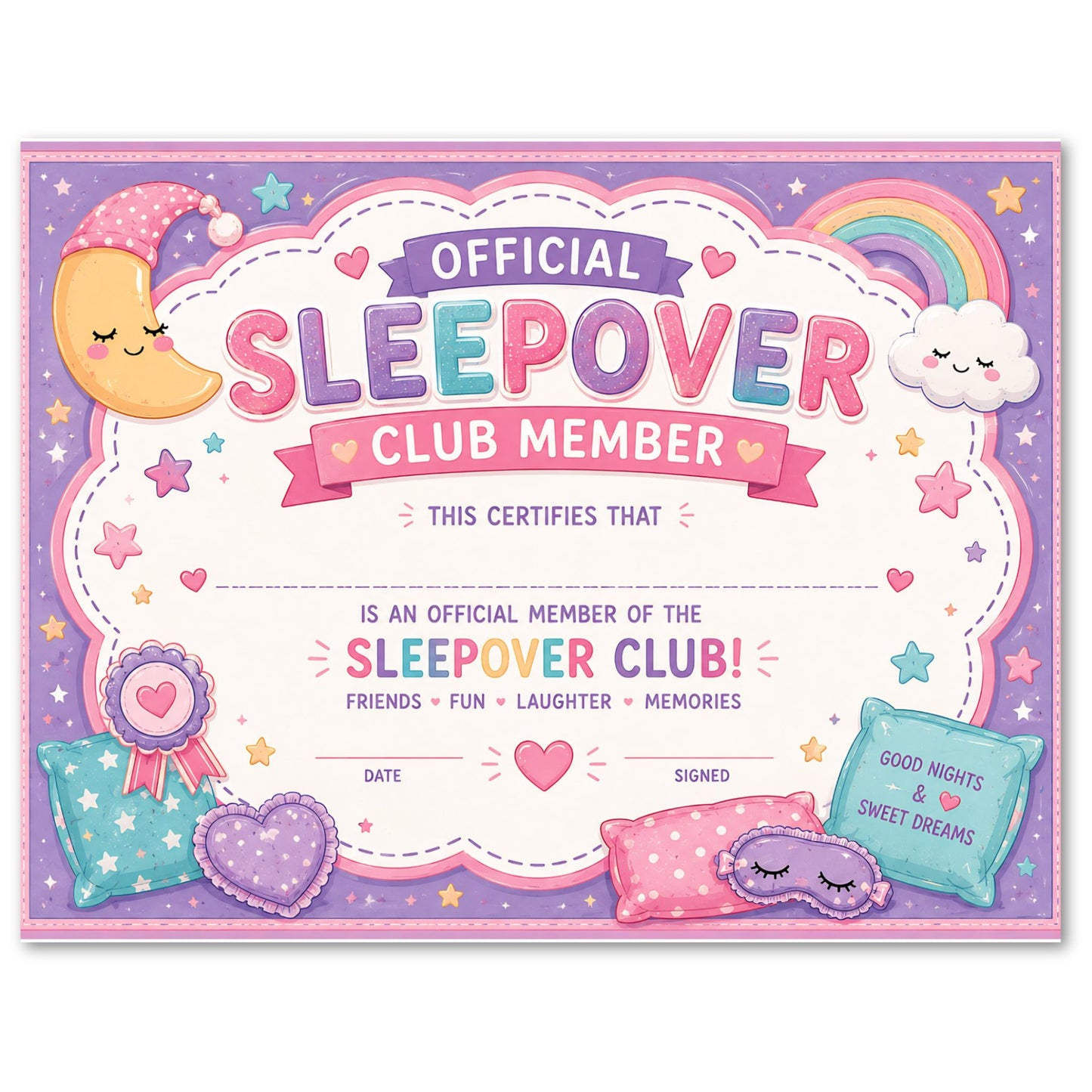 Children's certificate with 'Official Sleeppower Club Member' design on a purple background