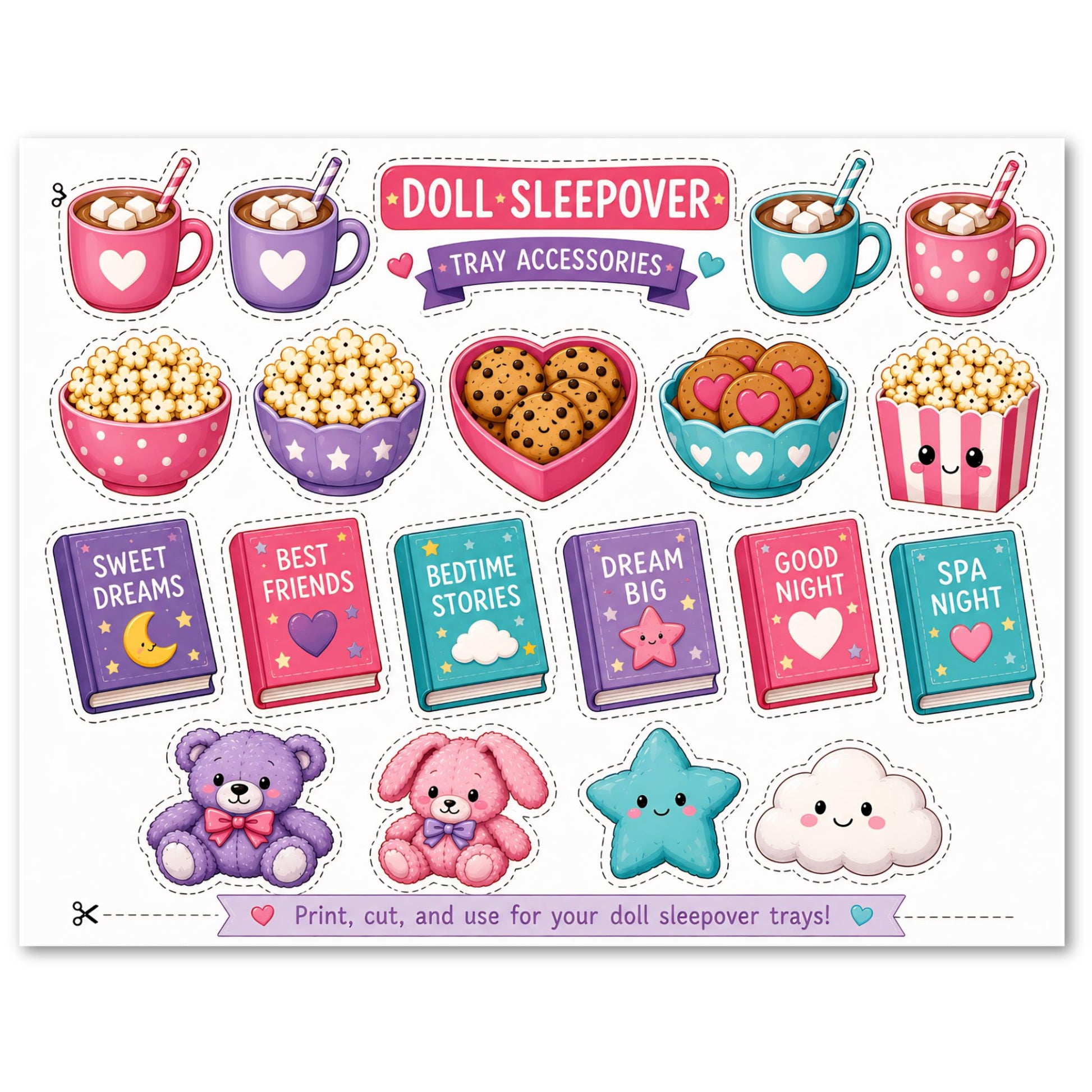 Doll sleepover tray accessories including mugs, snacks, books, and toys on a white background.