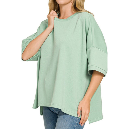 Full Size Scuba Round Neck Top With Side Slits Plus Size