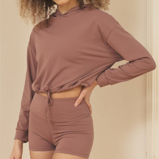 Dusty Rose Brushed Nylon Cropped Hoodie Front view