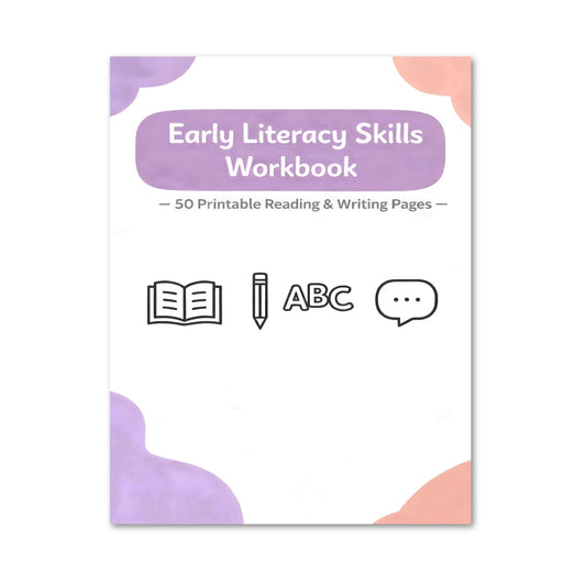 Early Literacy Skills Workbook cover with icons and text on a white background