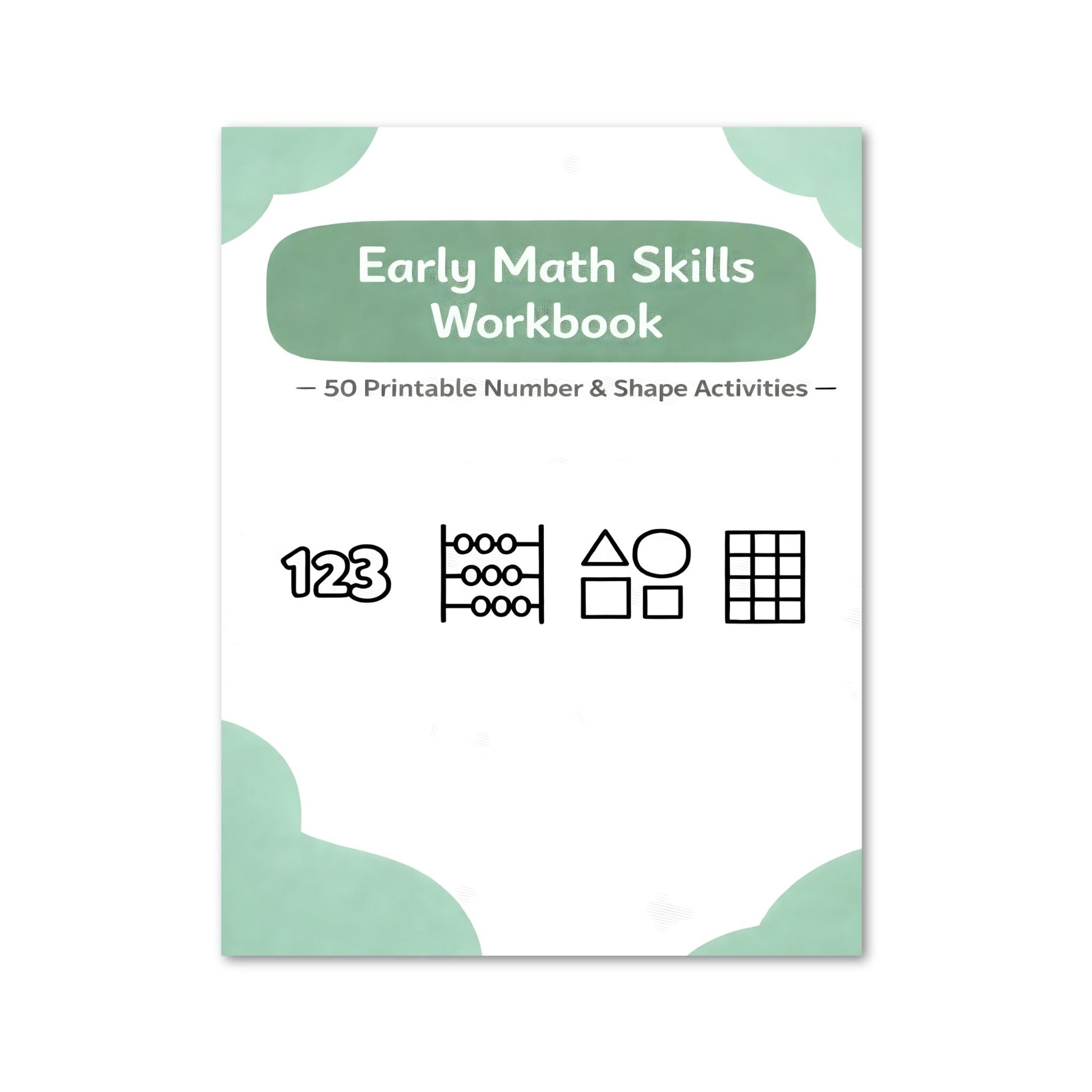 Early Math Skills Workbook with number and shape activities on a white background