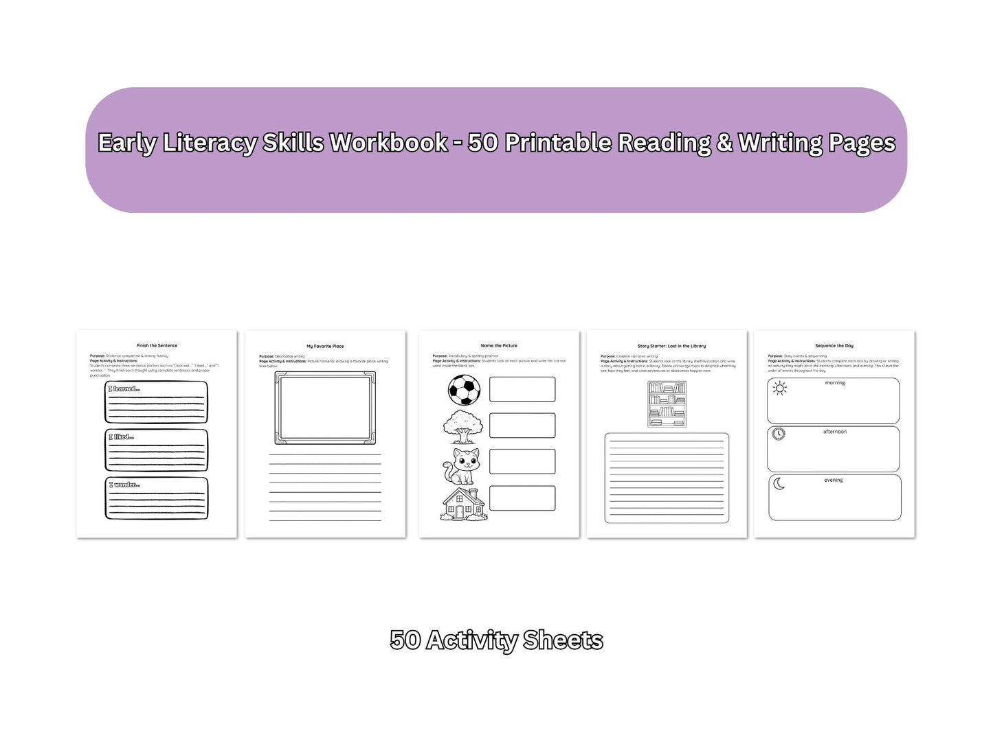 Early literacy skills workbook with 50 printable reading and writing pages on a white background.