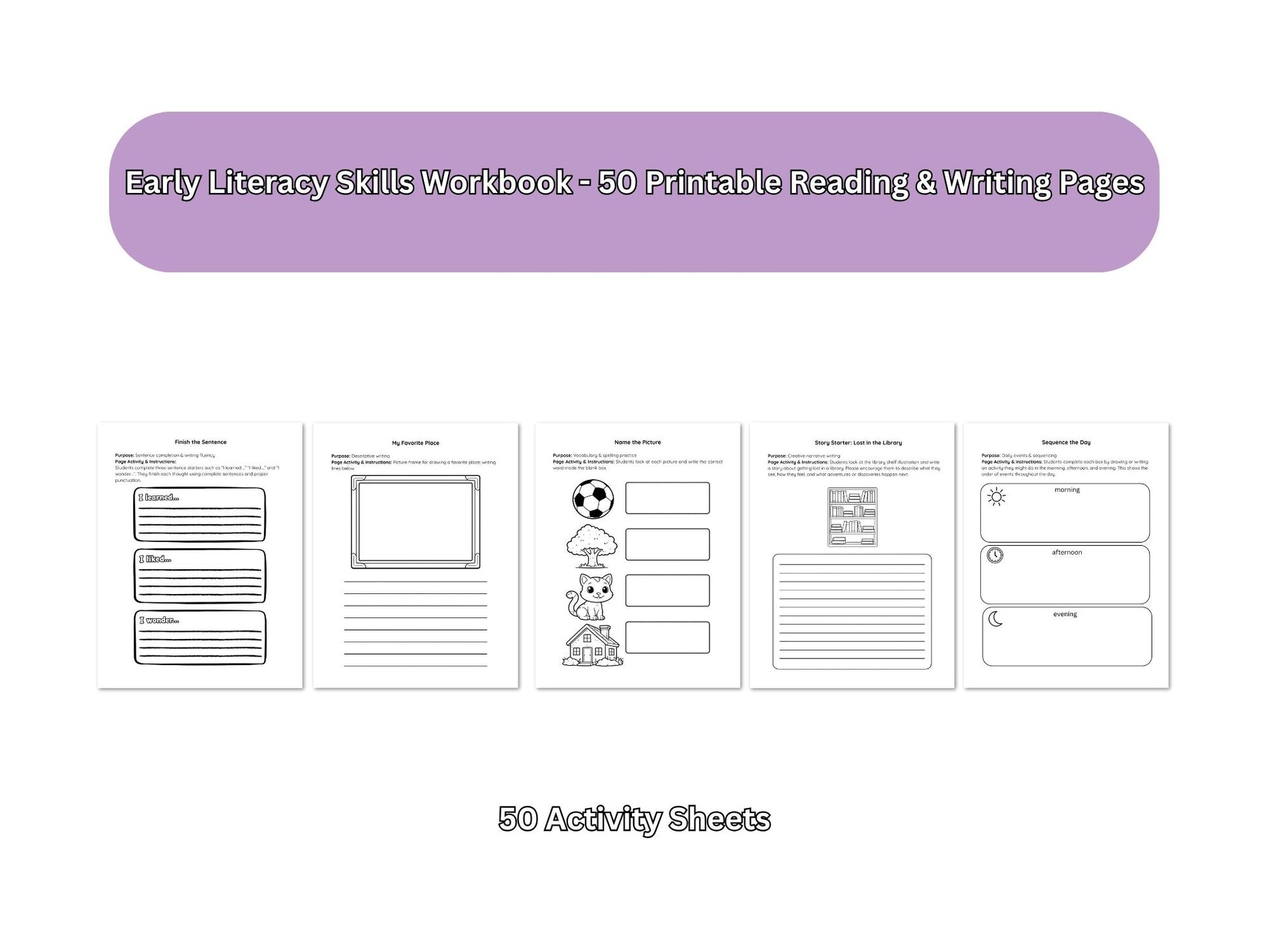 Early literacy skills workbook with 50 printable reading and writing pages on a white background.