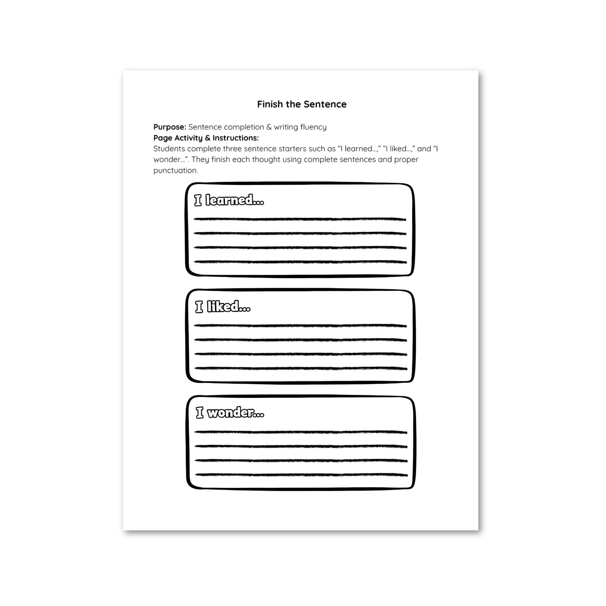 Blank worksheet for completing sentences with prompts 'I learned...', 'I liked...', and 'I wonder...'.
