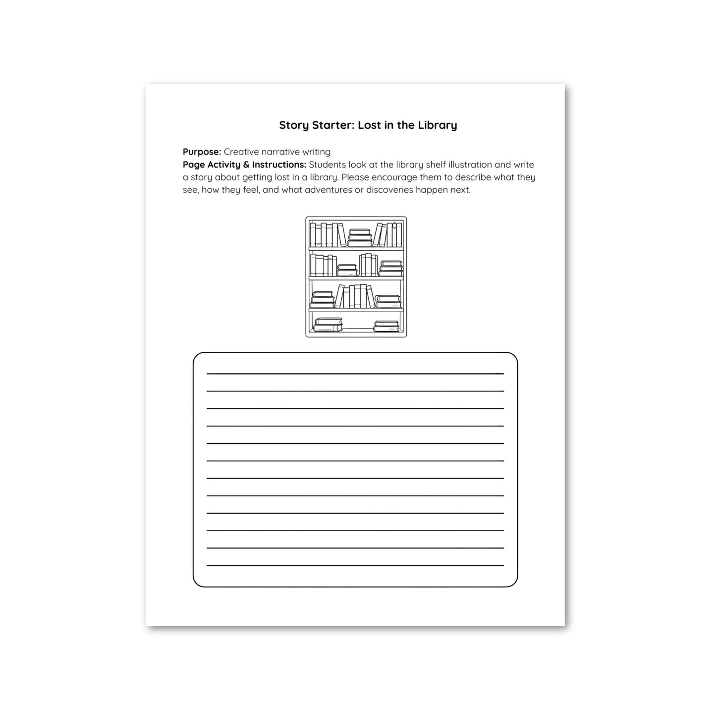 Story starter sheet with a library illustration and writing prompts on a white background