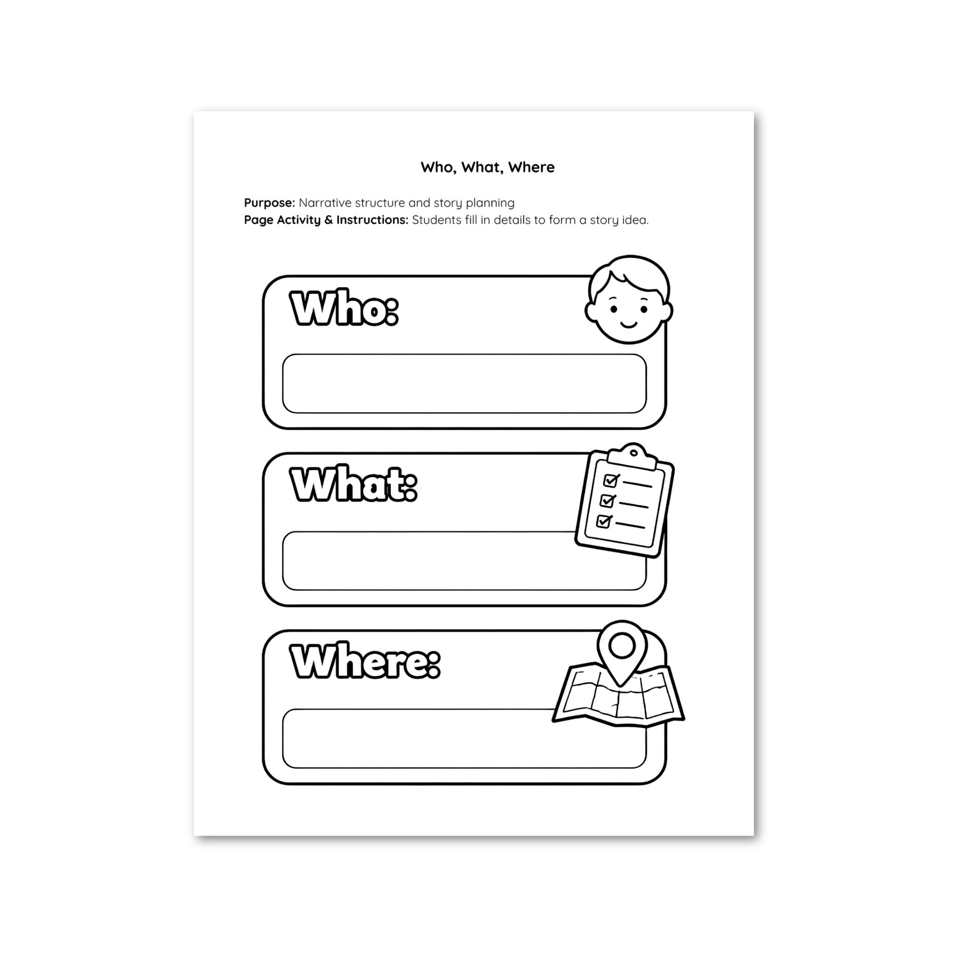Blank worksheet for narrative structure with 'Who', 'What', and 'Where' sections on a white background.