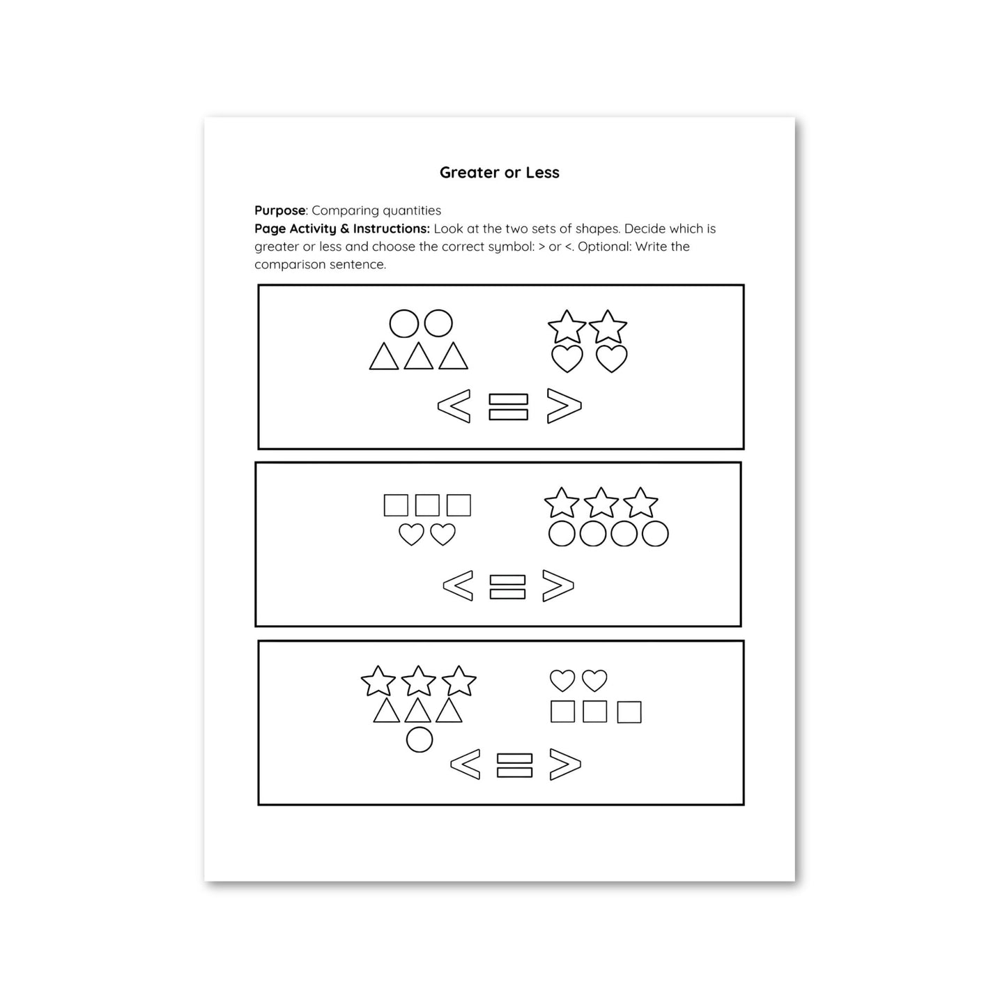 Educational worksheet for comparing quantities with shapes and symbols on a white background