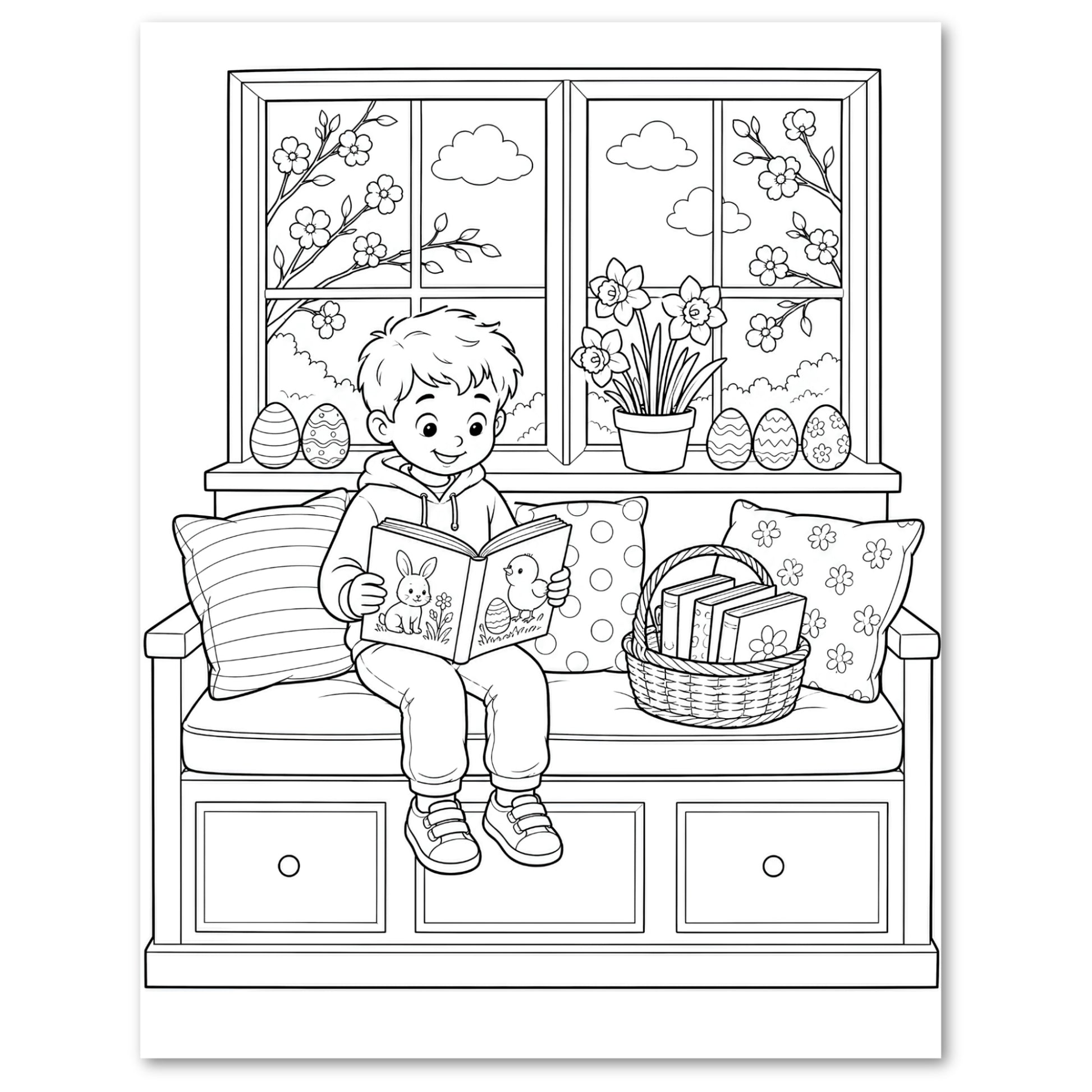 Black and white line art illustration of a boy sitting on a window seat and reading a book, with Easter eggs, flowers, pillows, and a basket nearby.