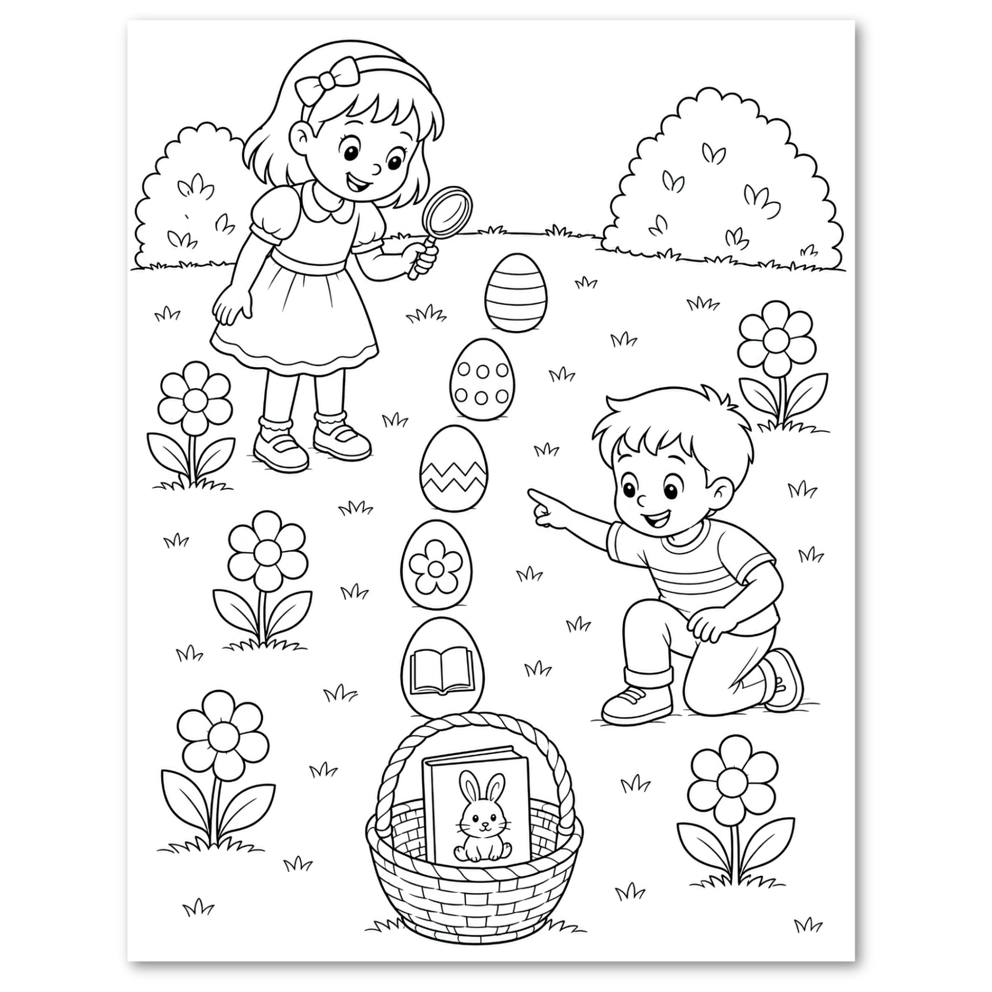 Black and white line art coloring page featuring an Easter scene with a girl holding a magnifying glass, a boy kneeling and pointing, several decorated eggs, a basket with a bunny, flowers, and bushes.