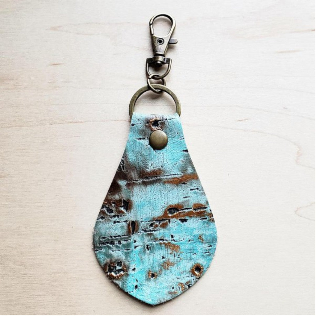 Embossed Leather Key Chain - Turquoise Metallic