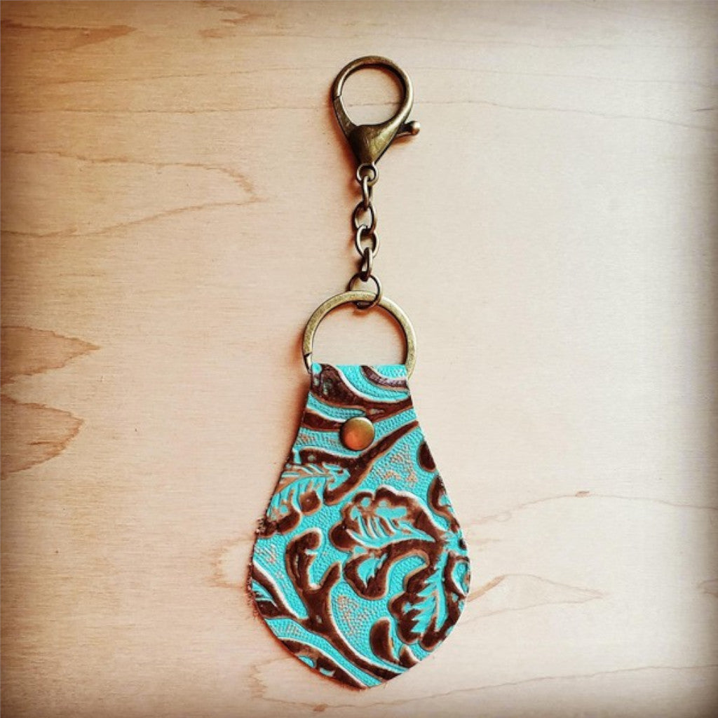 Embossed Leather Key Chain Cowboy Turquoise