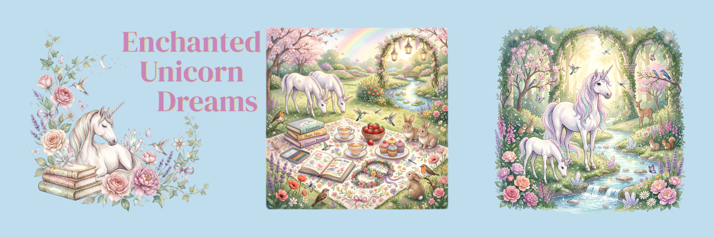 A pastel illustration set featuring three whimsical unicorn scenes on a light blue background. The left panel shows a white unicorn resting on books with pink flowers and the text 'Enchanted Unicorn Dreams.