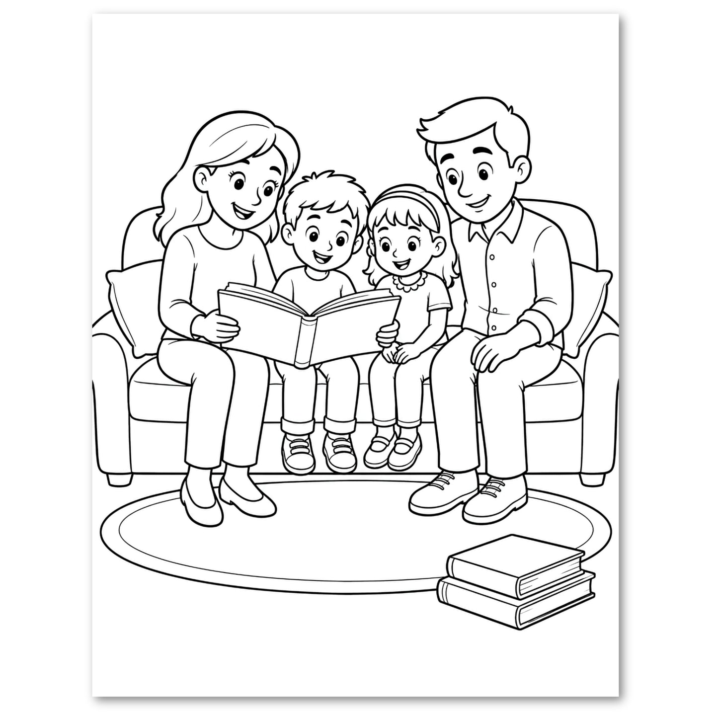 A black-and-white illustration a a family of four reading a book on a sofa.