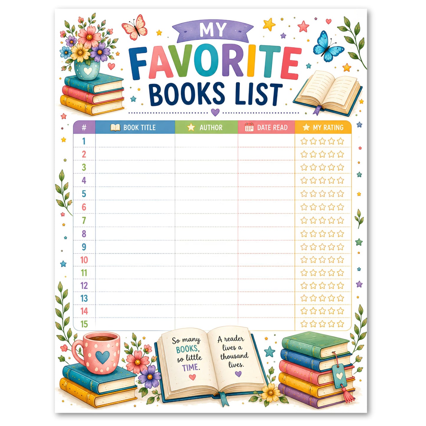 A worksheet  titled, 'My Favorite Books List'.