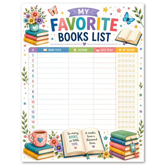 A worksheet  titled, 'My Favorite Books List'.