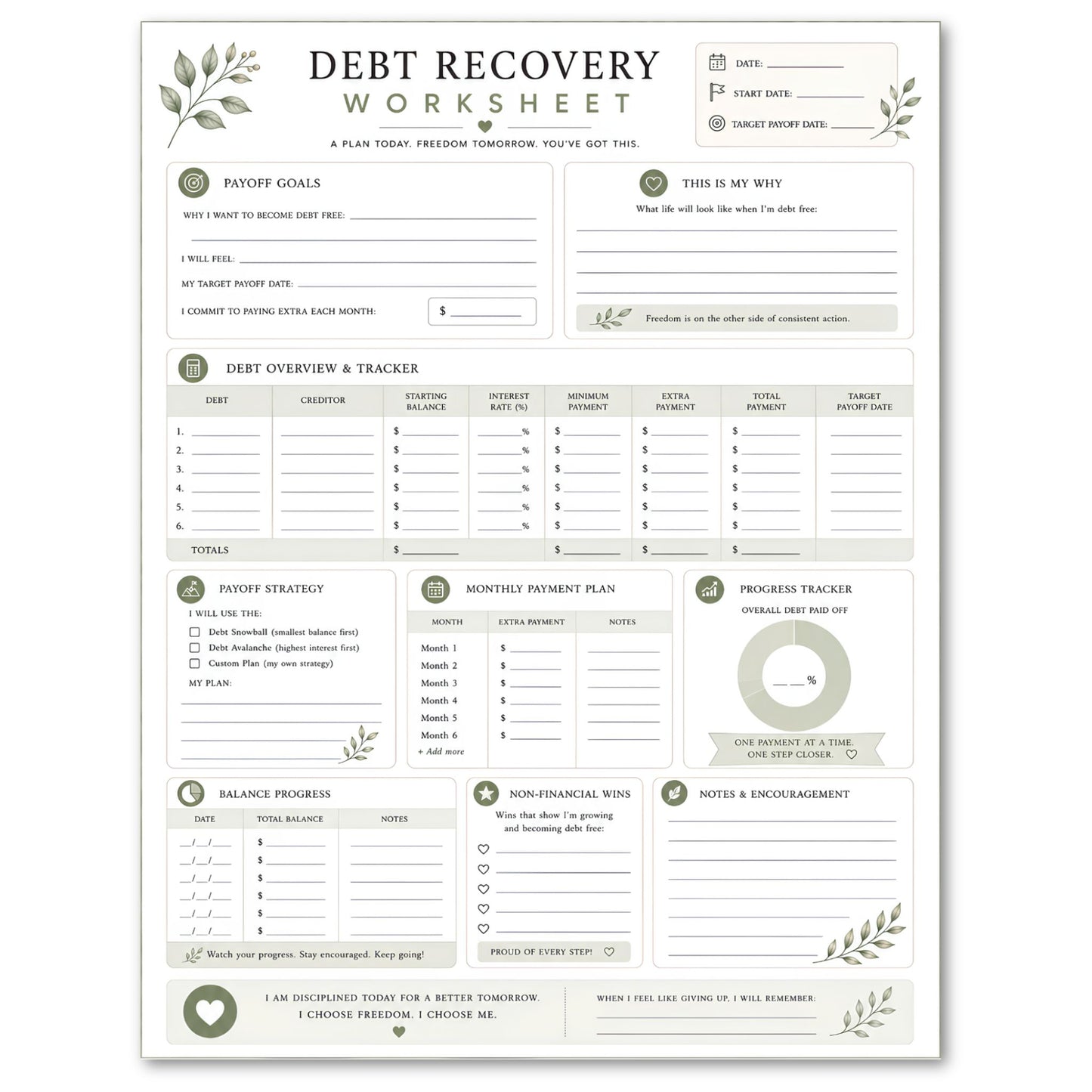 Debt recovery worksheet with green leaf designs on a white background