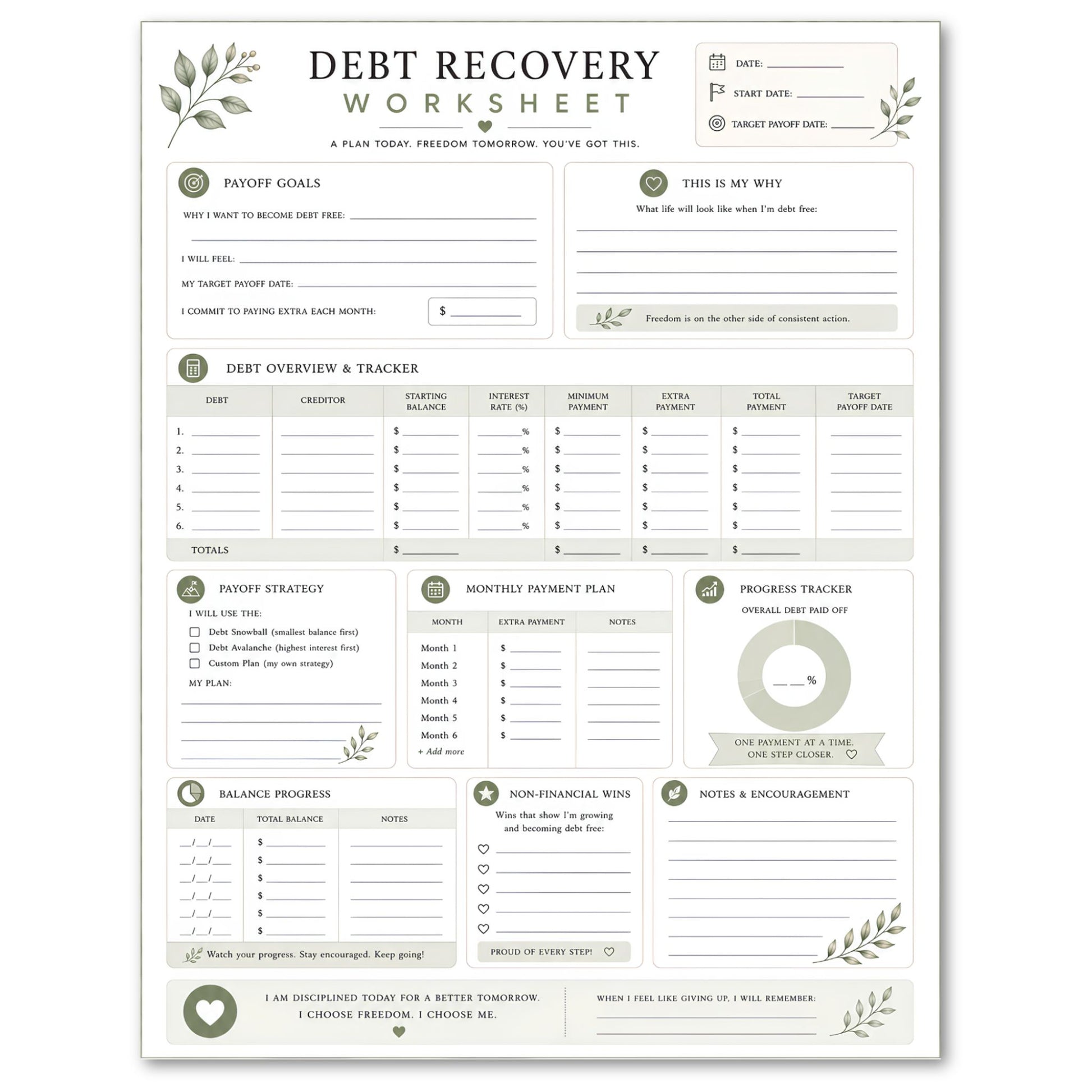 Debt recovery worksheet with green leaf designs on a white background
