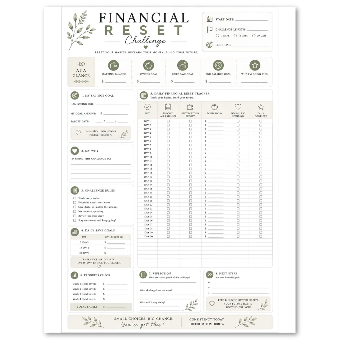 Financial Reset Challenge worksheet with various sections and checkboxes on a white background