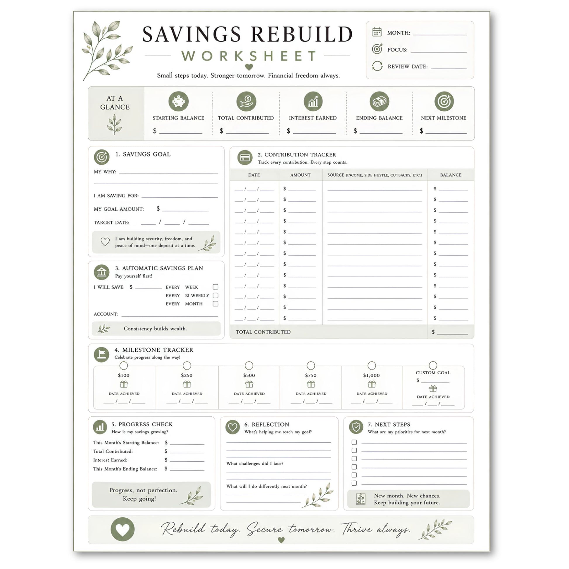 Savings Rebuild Worksheet with green decorative elements on a white background