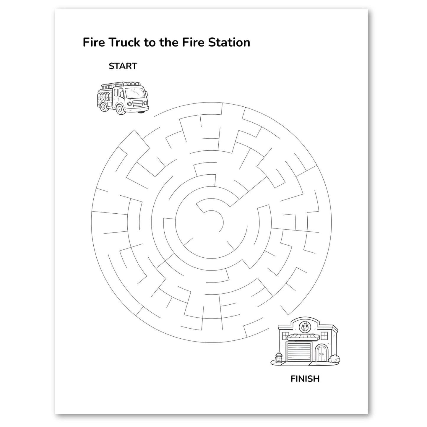Labyrinth maze with a fire truck at the start and a fire station at the finish on a white background.