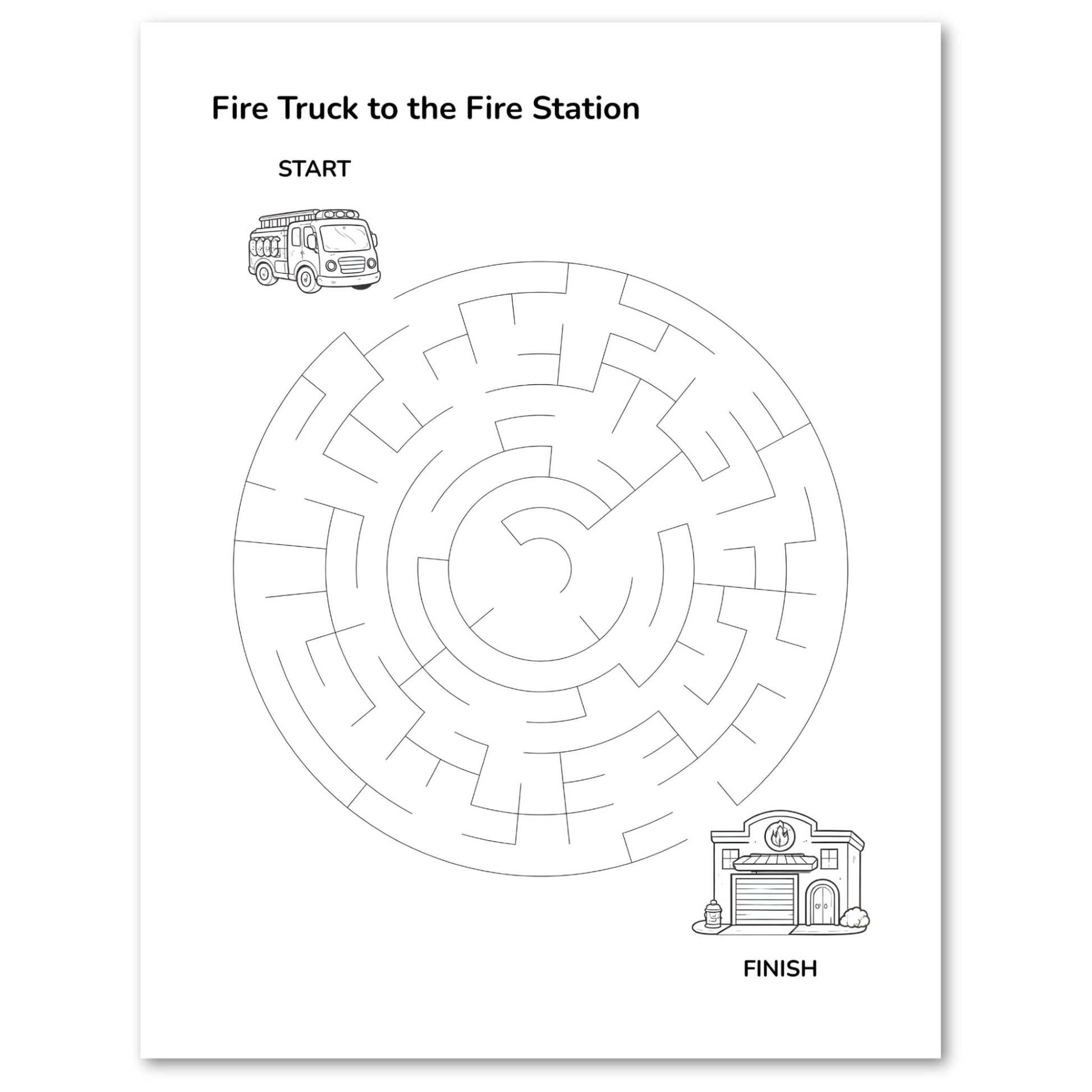 Labyrinth maze with a fire truck at the start and a fire station at the finish on a white background.