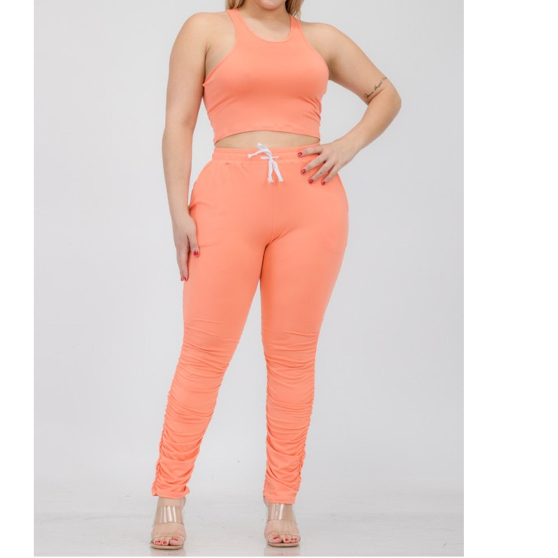 Flamingo Plus Size Crop Tank Top & Ruched Pants Set Front view