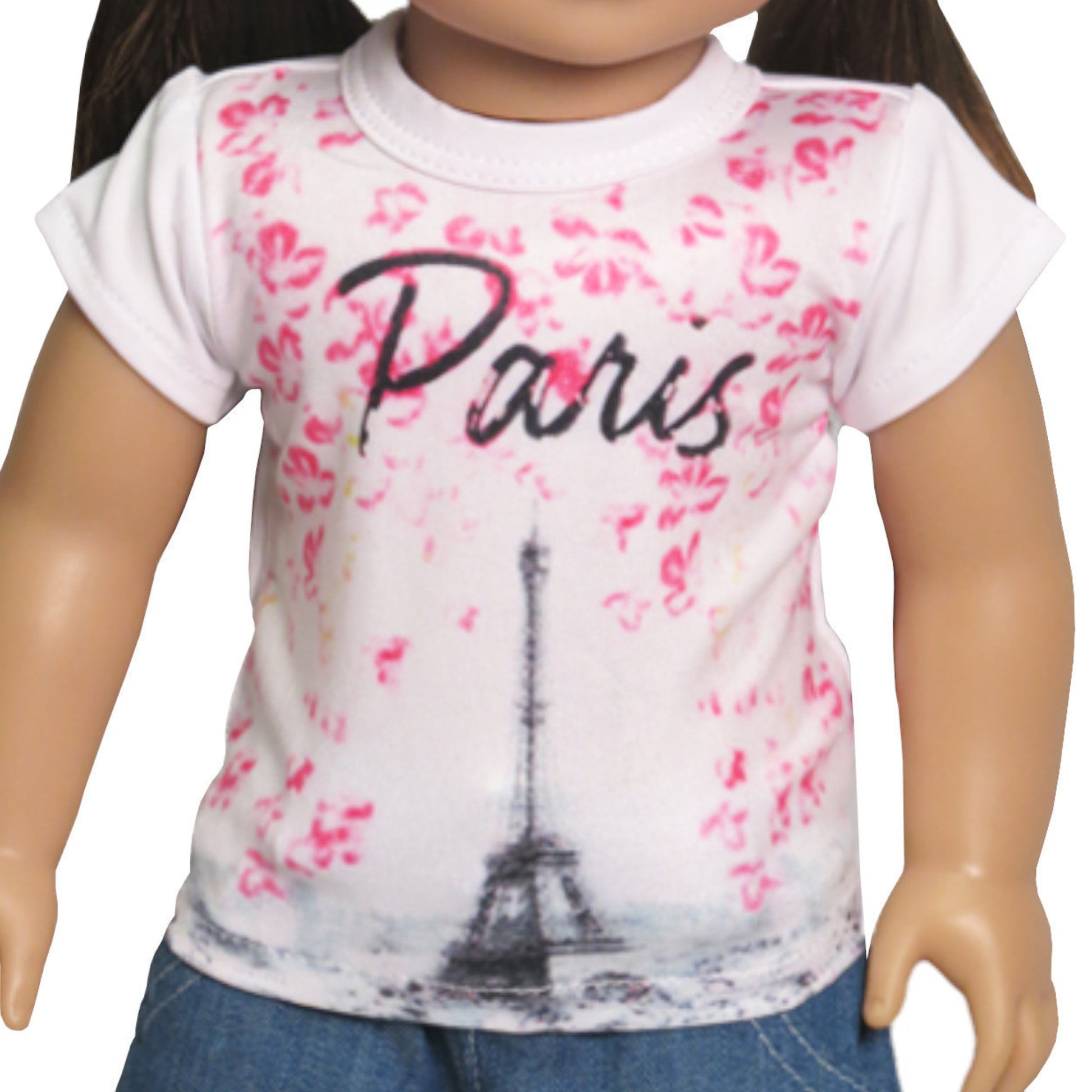 Floral Paris T-Shirt for 18-inch dolls with doll