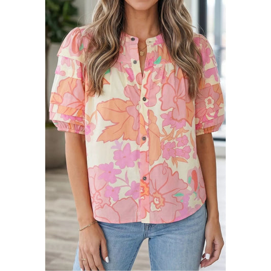 Floral Print Button Down Pintuck Short Sleeve Shirt