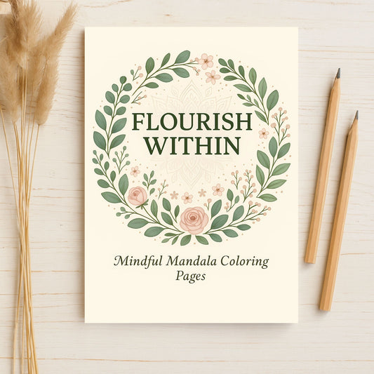 Coloring book titled 'Flourish Within' with floral design on a wooden surface.