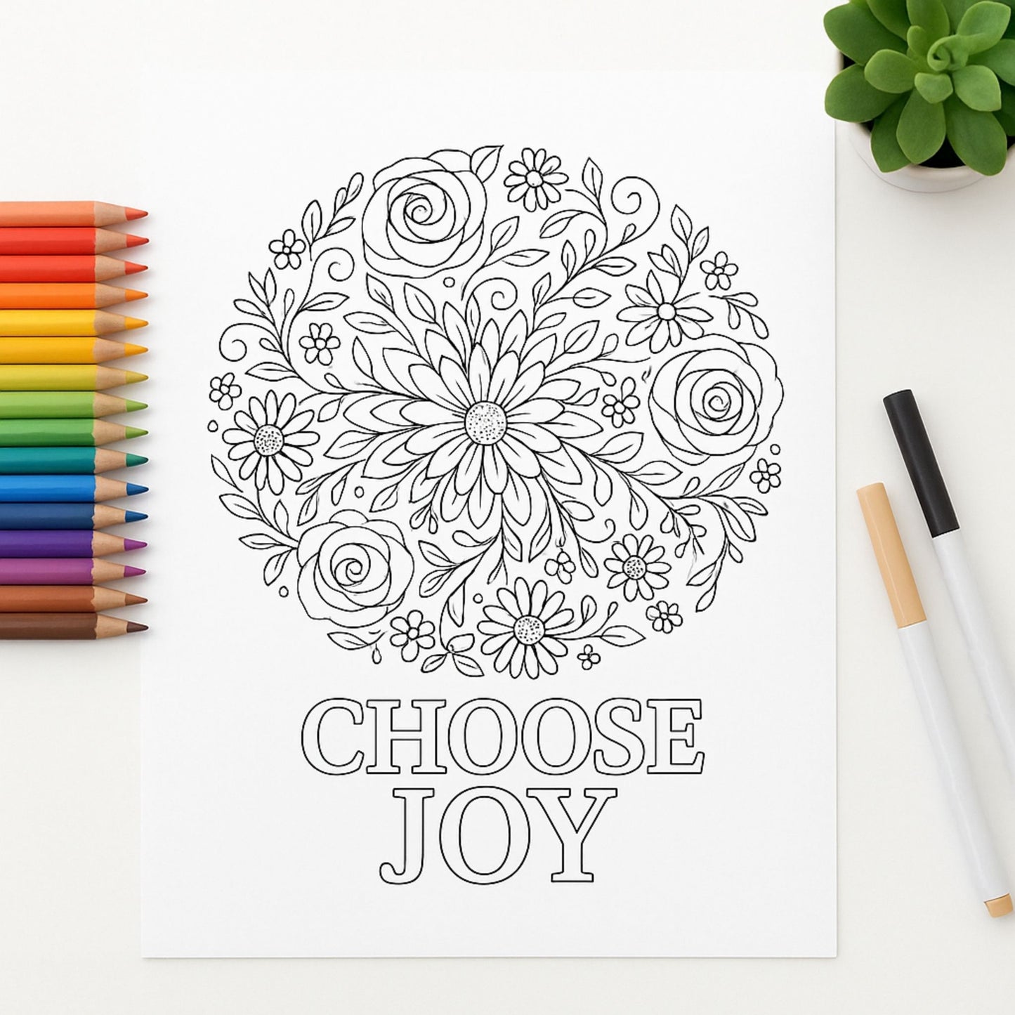 Coloring page with floral design and 'Choose Joy' text, accompanied by coloring supplies on a white surface.