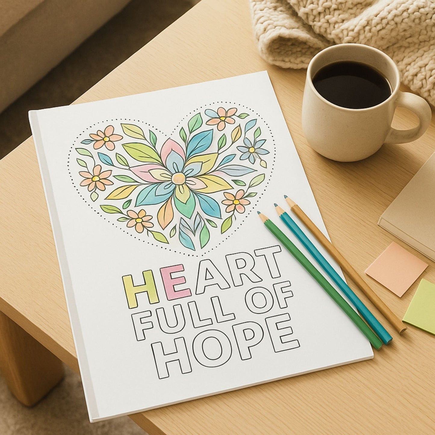 Coloring book titled 'Heart Full of Hope' with a cup of coffee and coloring supplies on a table.