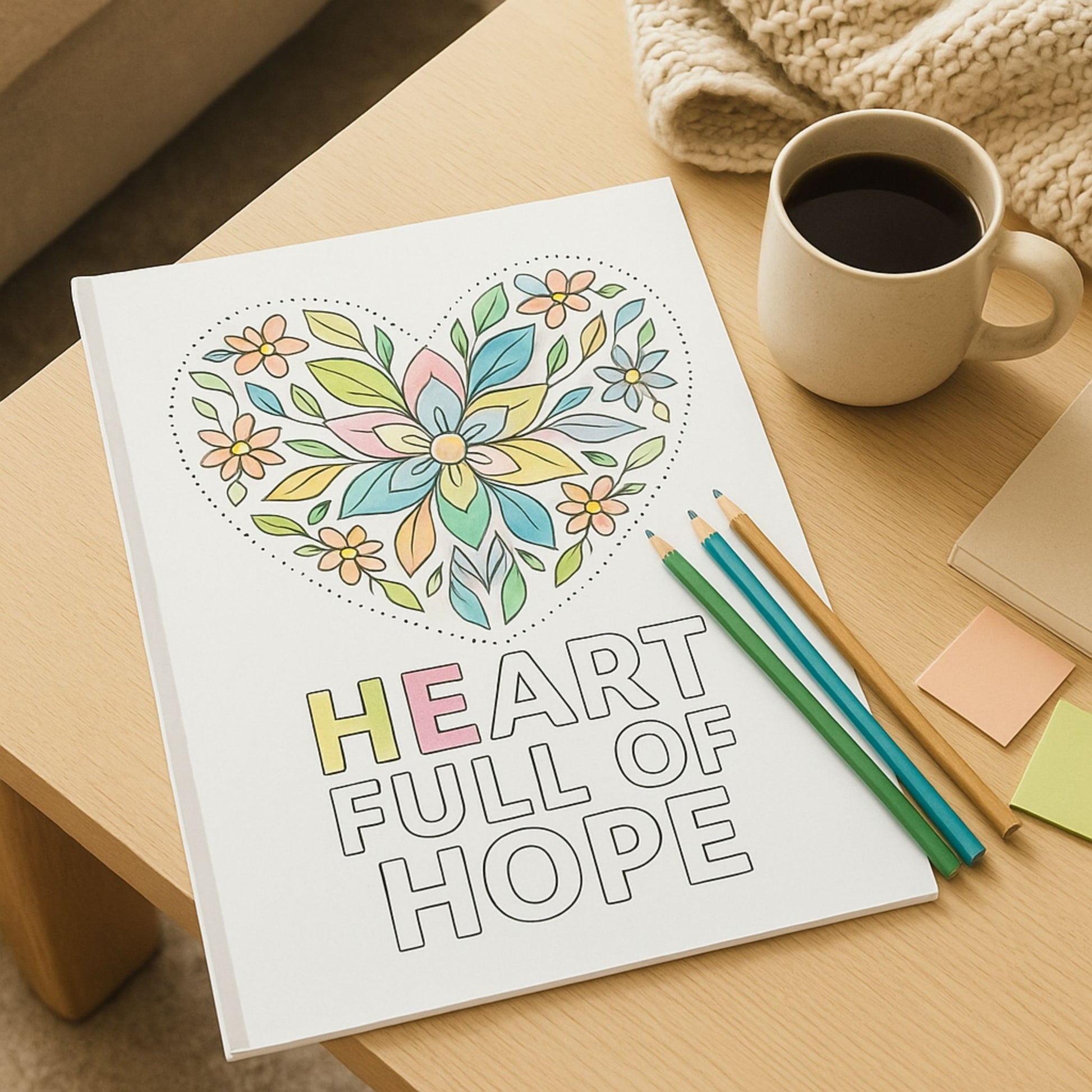 Coloring book titled 'Heart Full of Hope' with a cup of coffee and coloring supplies on a table.
