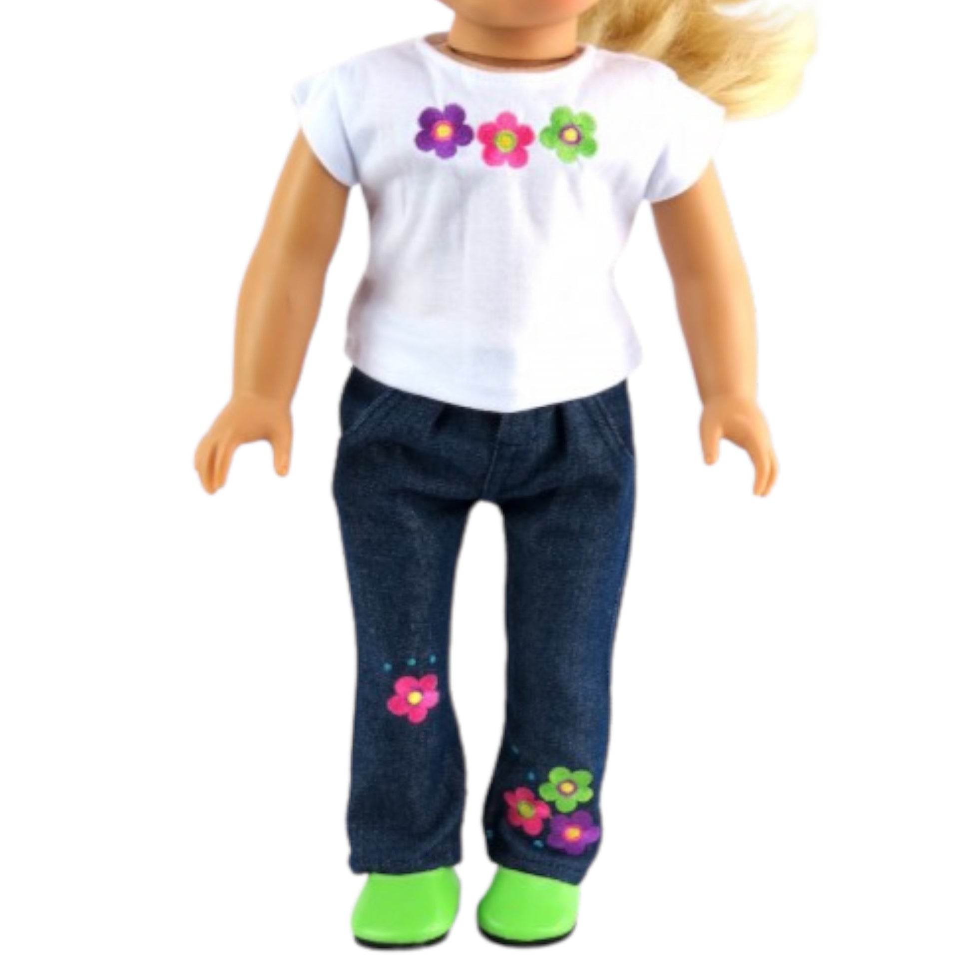 Flower Power T-Shirt with Denim Pants for 18-inch dolls with doll